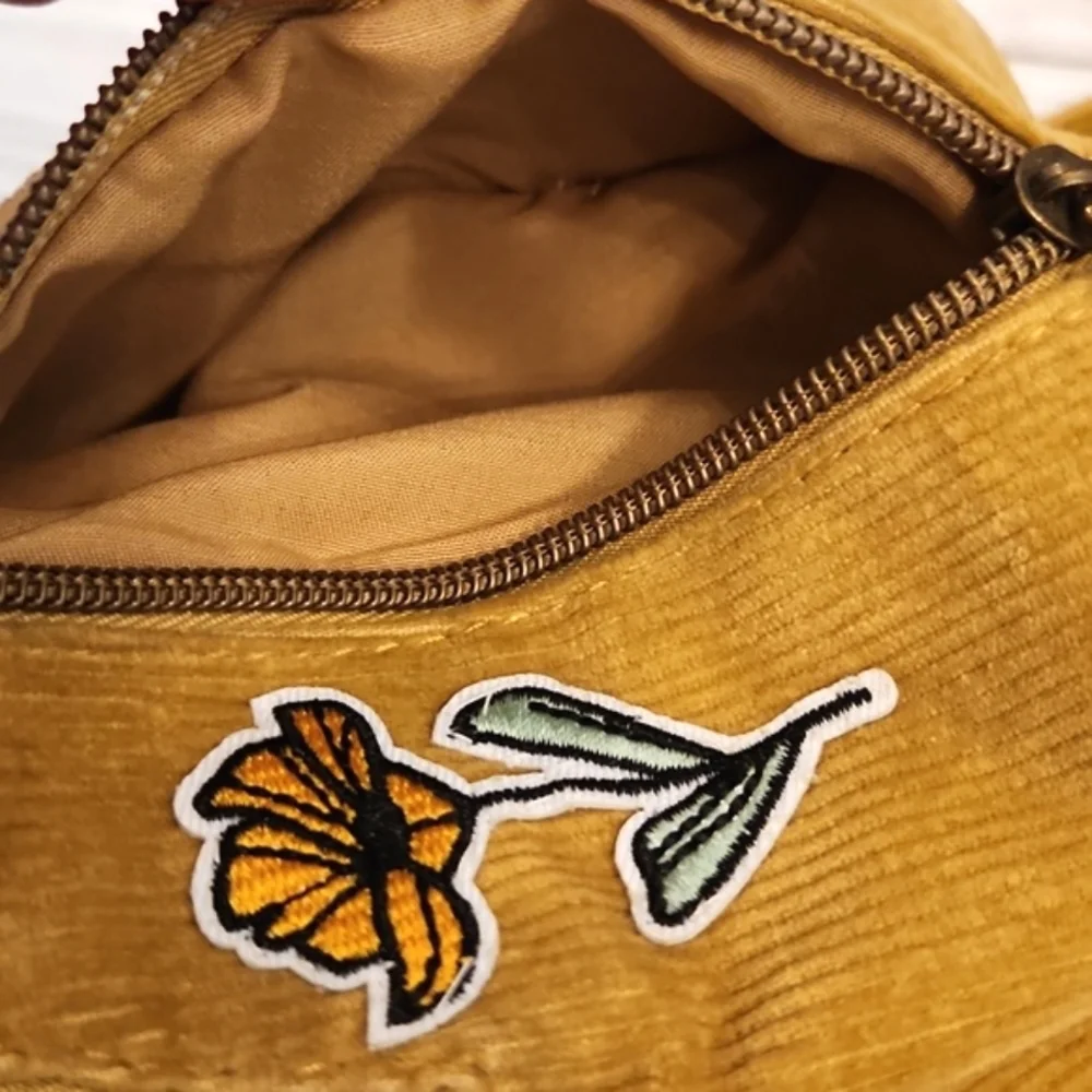 Mustard Corduroy Mini Backpack with Floral & Leopard Patches
